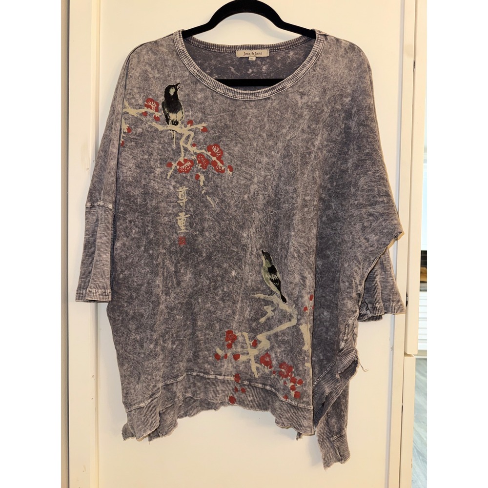 Jess & Jane Grey Mineral Wash Bird Floral Tunic Top XL Made in USA M15-000